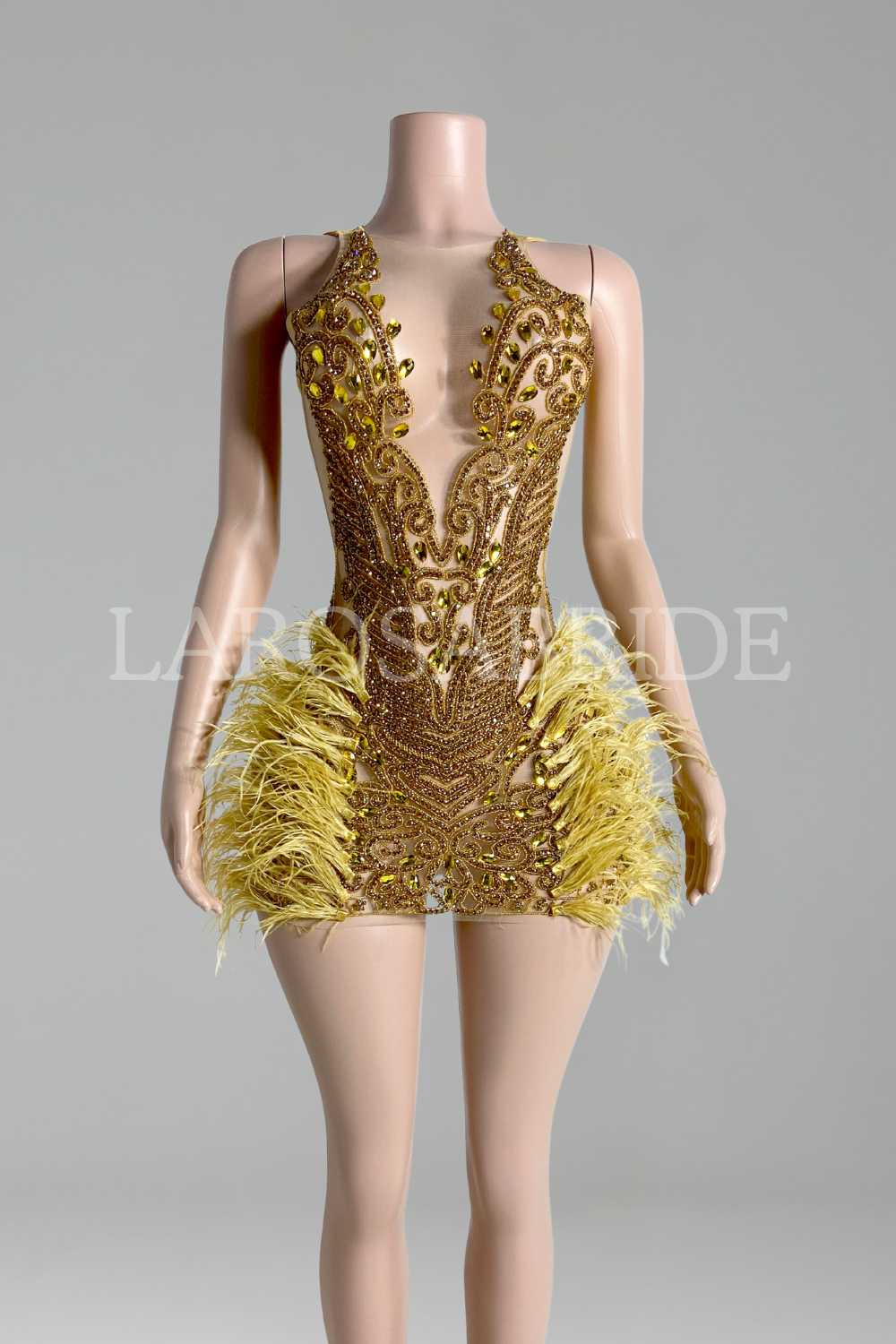 Beaded Mesh Feather Mini Dress-Larosabride