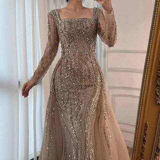 2025 Arabic Caramel Beaded Mermaid Evening Gown with Overskirt – Luxury Formal Dress for Women