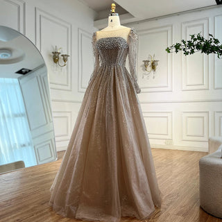 Ships in 2 to 5 Days -Luxury Caramel Sparkly A-Line Evening Dress – Long Sleeve Ball Gown for Prom & Parties