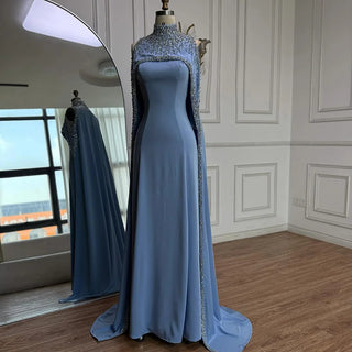 Elegant Blue High-Neck Evening Gown with Crystal Beading & Flowing Long Cape