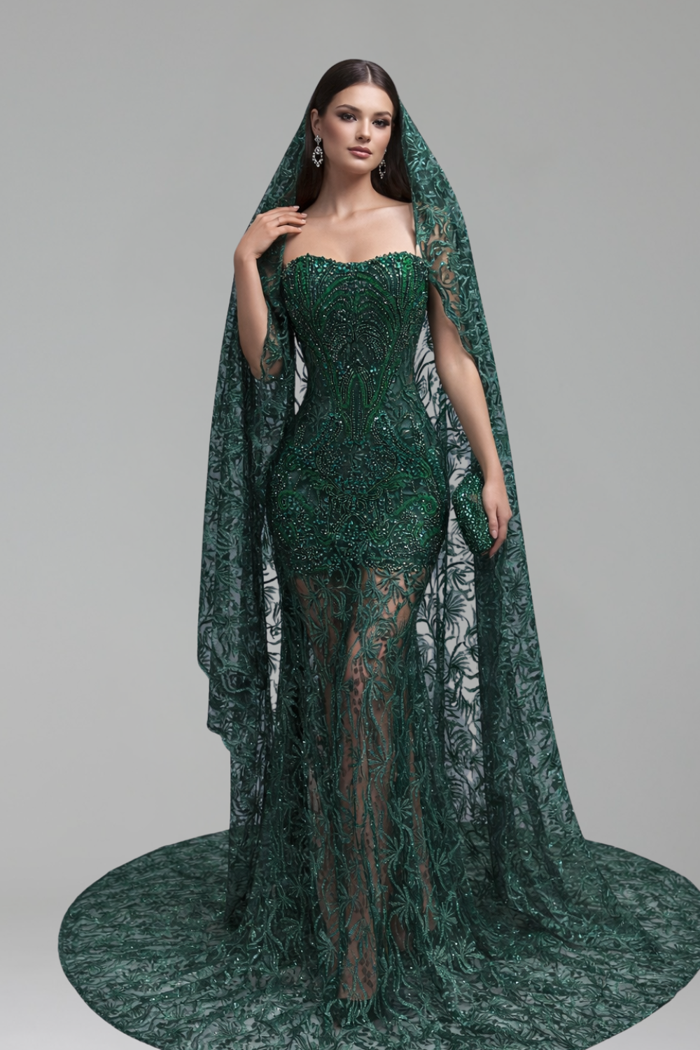 Red Lace Cape Mermaid Gown - LAROSABRIDE