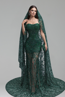 Red Lace Cape Mermaid Gown - LAROSABRIDE