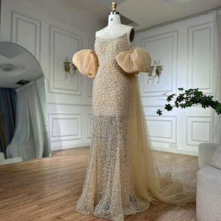 Ships in 2 to 5 Days - 2025 White Beaded Strapless Evening & Wedding Gown with Detachable Puffy Sleeves – Formal Party Dress