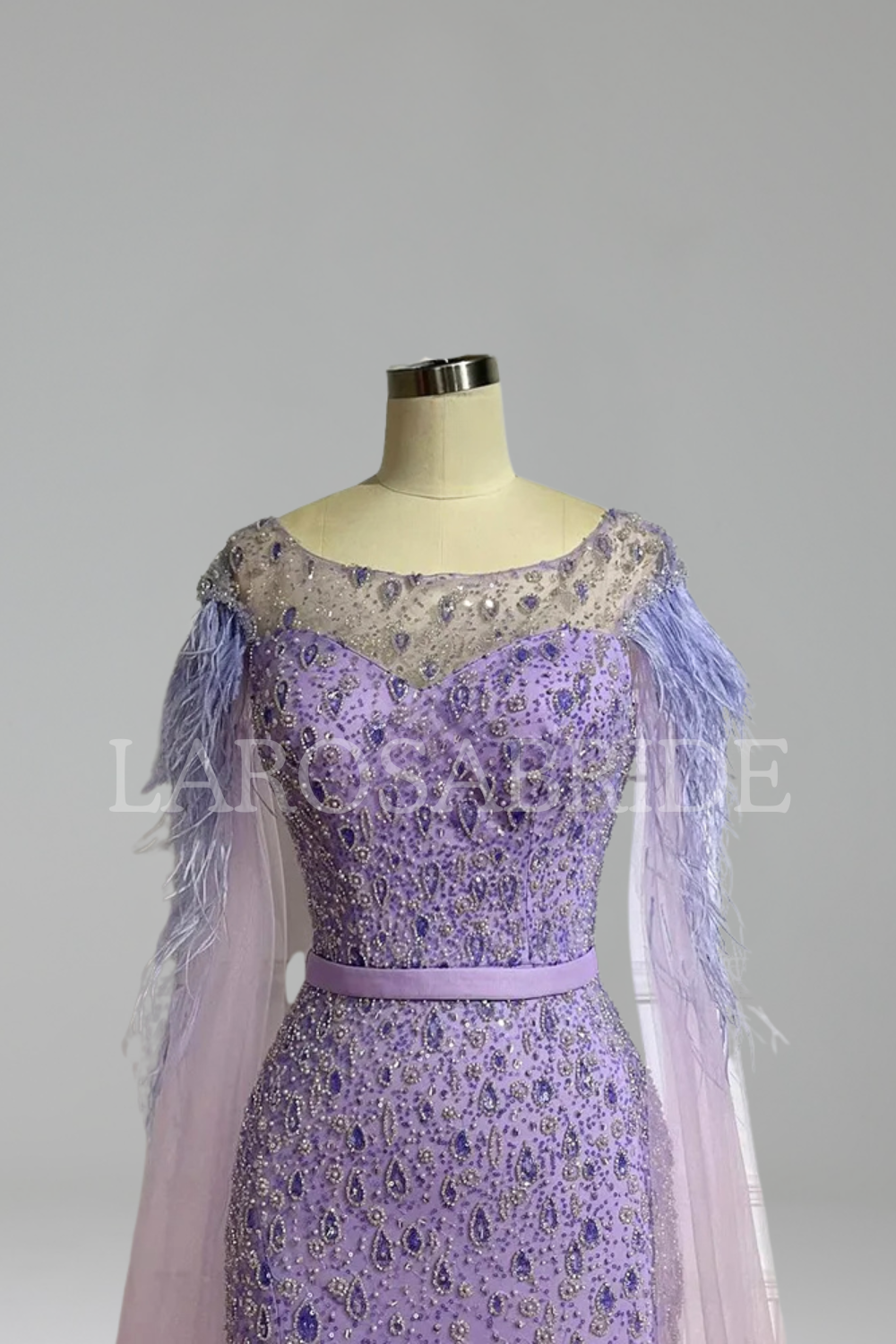Cape-Sleeve Feather Beaded Mermaid Dress-Larosabride