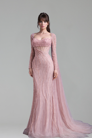 Sheer Beaded Fitted Gown - LAROSABRIDE