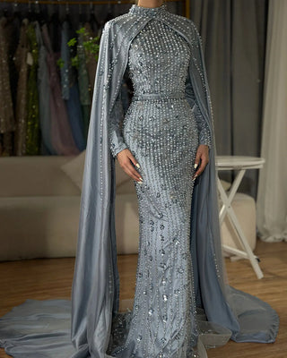 Ships in 2 to 5 Days - 2025 Luxury Dubai Blue Muslim Mermaid Beaded Evening Gown with Cape Sleeves for Women's Party