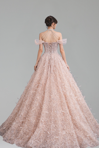 Pink Off The Shoulder 3D Flower Beaded - LAROSABRIDE