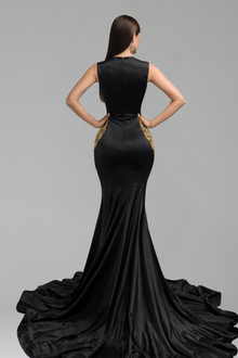 Illusion Cutout Embellished Satin Mermaid Gown - LAROSABRIDE