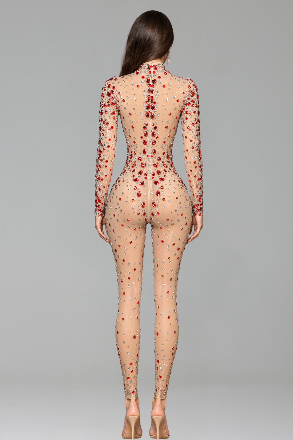 High Neck Crystal Embellished Illusion Jumpsuit - LAROSABRIDE