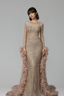 Beaded Mermaid Gown with Feather Cuffs - LAROSABRIDE