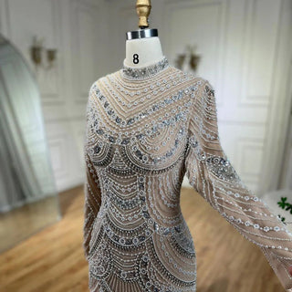 Ships in 2 to 5 Days - 2025 Muslim Nude Elegant Mermaid High Split Beaded Luxury Evening Dress - Gown for Women's Wedding Party