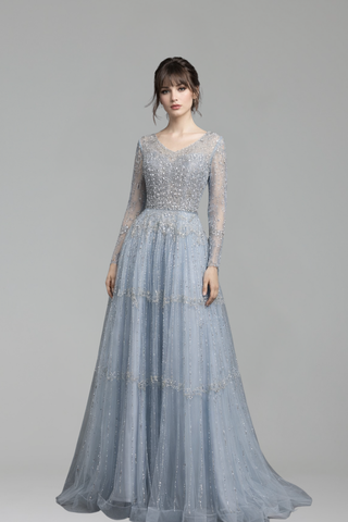 Beaded Cape Long Sleeve Dress - LAROSABRIDE