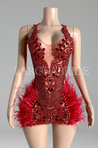 Beaded Mesh Feather Mini Dress