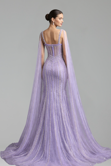 Cape-Sleeve Beaded Split Mermaid Dress-Larosabride