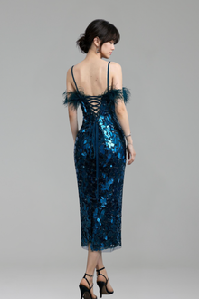 Blue Mirror Beaded Midi Dress Feather - LAROSABRIDE