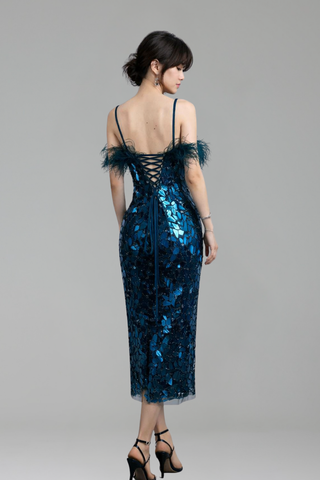 Blue Mirror Beaded Midi Dress Feather - LAROSABRIDE