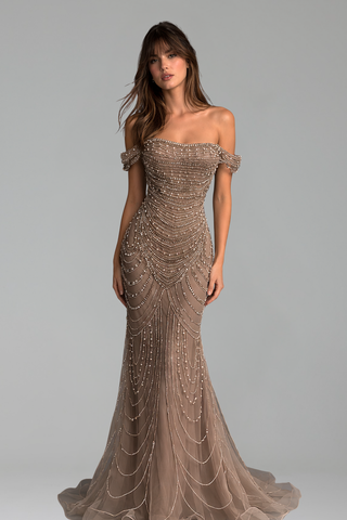 Off Shoulder Pearl Mermaid Dress - LAROSABRIDE