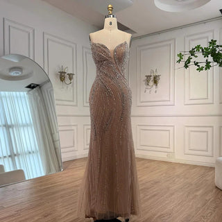 Nude Crystal-Swirl Gown with Dramatic Ruffled Sleeves