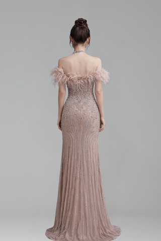 Luxury Halter Feather Crystal Gown - LAROSABRIDE