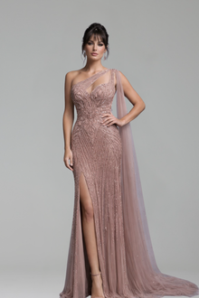 Beaded One Shoulder Mermaid Dress - LAROSABRIDE