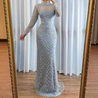 Ships in 2 to 5 Days - Luxury Caramel Beaded Evening Dress – High Neck Long Sleeve Mermaid Gown