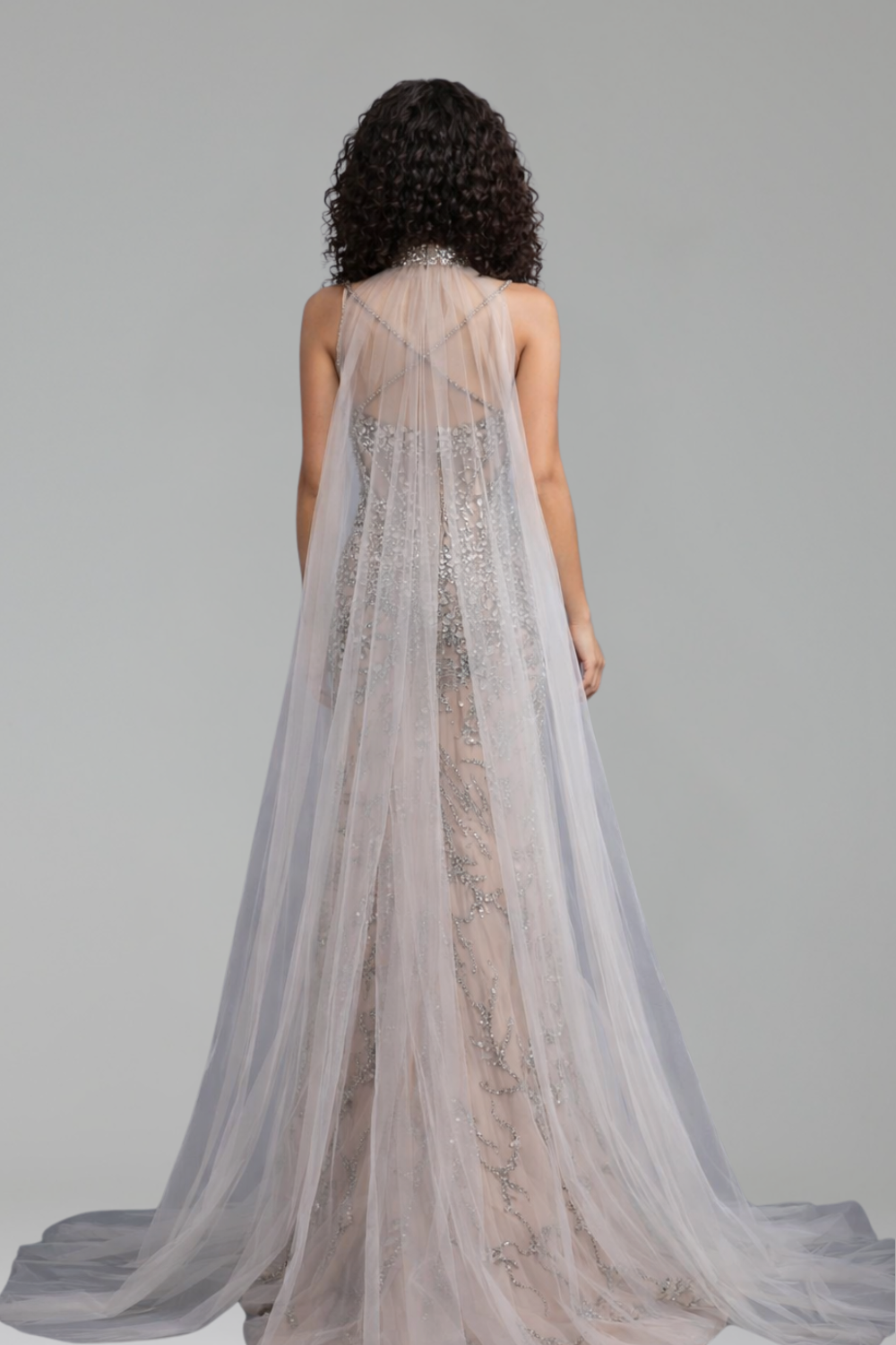 Grey Nude Beaded With Cape Prom - LAROSABRIDE