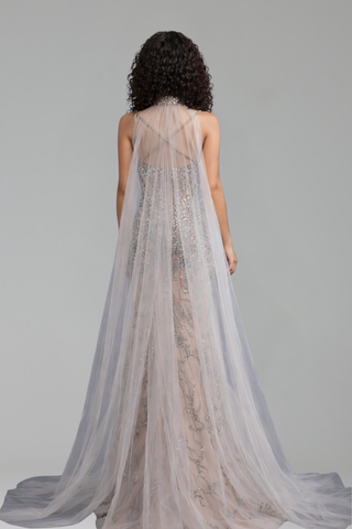 Grey Nude Beaded With Cape Prom - LAROSABRIDE