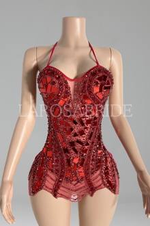 Mirror-Shard Beaded Halter Mini Dress-Larosabride