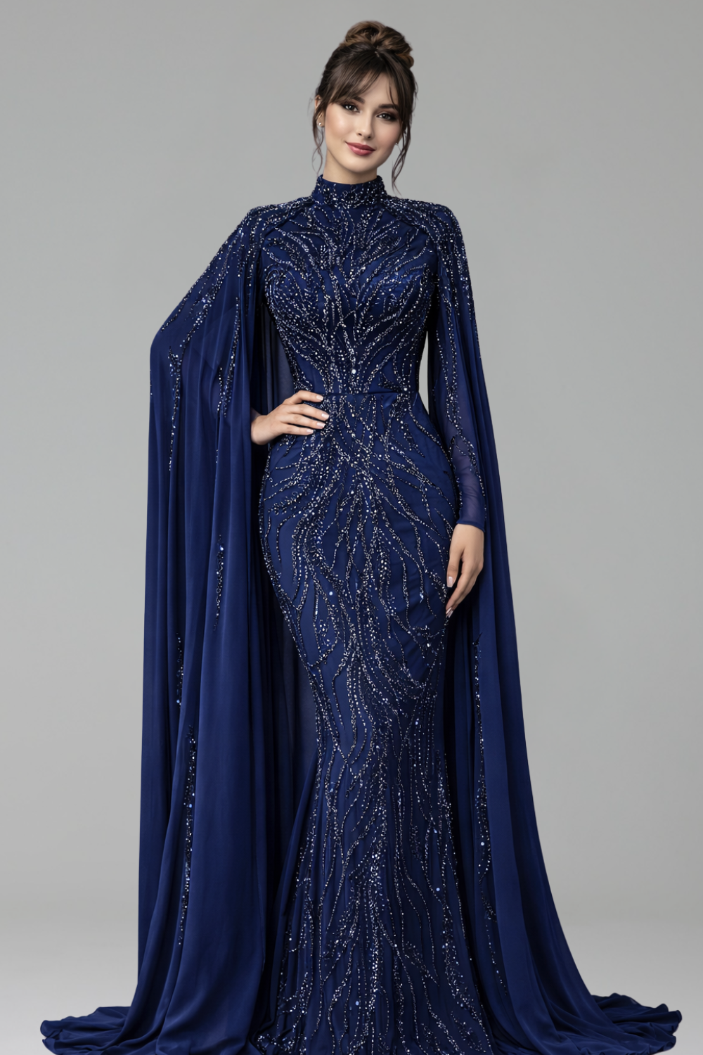 Beaded Satin Mermaid Cape Gown - LAROSABRIDE