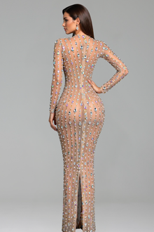 Sheer Crystal Drip Column Gown - LAROSABRIDE