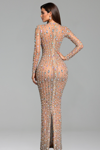 Sheer Crystal Drip Column Gown
