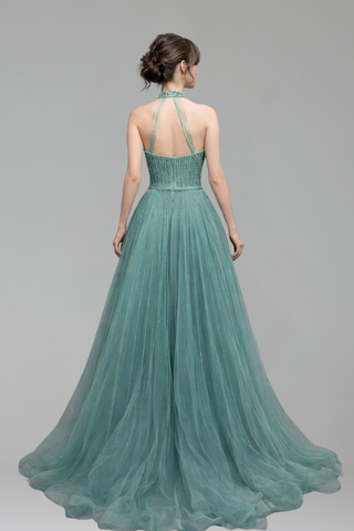 Halter Sequin Tassel A-Line Dress - LAROSABRIDE