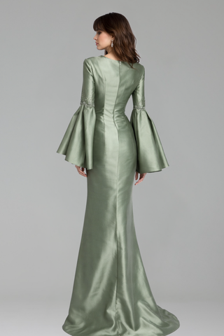 Green Satin Evening Dress with Bell Sleeves - LAROSABRIDE