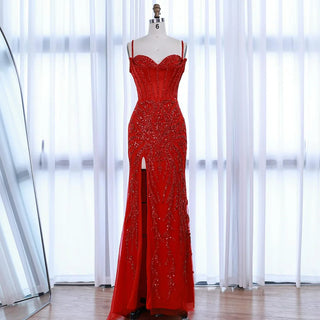 Luxury Red Beaded Spaghetti-Strap Evening Gown with High Slit & Overskirt – Elegant Formal Dress