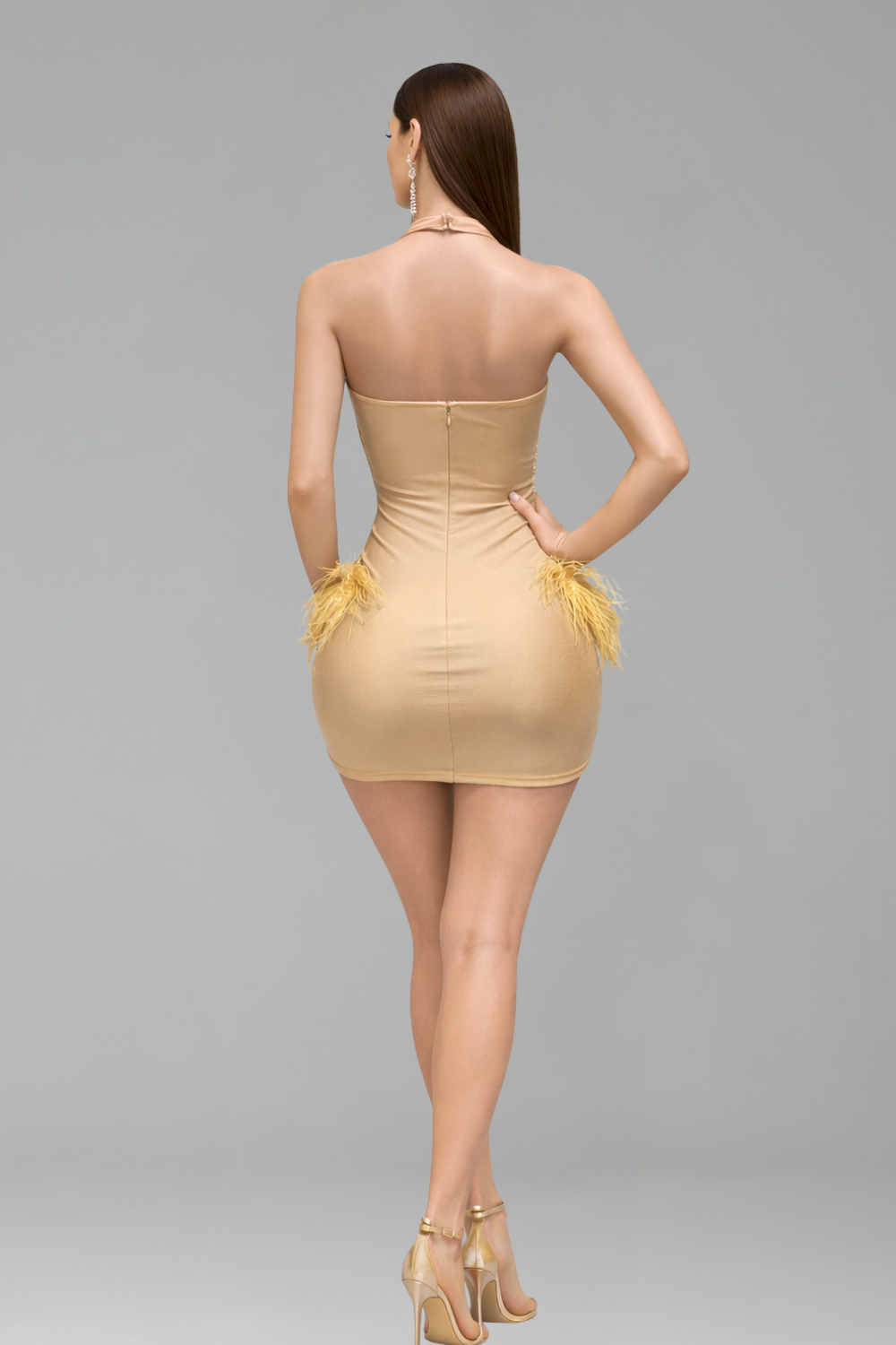 Beaded Fringe Mini Dress with Feather Skirt - LAROSABRIDE