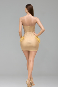 Beaded Fringe Mini Dress with Feather Skirt - LAROSABRIDE