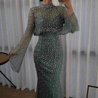 Turquoise Beaded Mermaid Evening Dress with Detachable High-Neck Overlay and Strapless Inner Gown