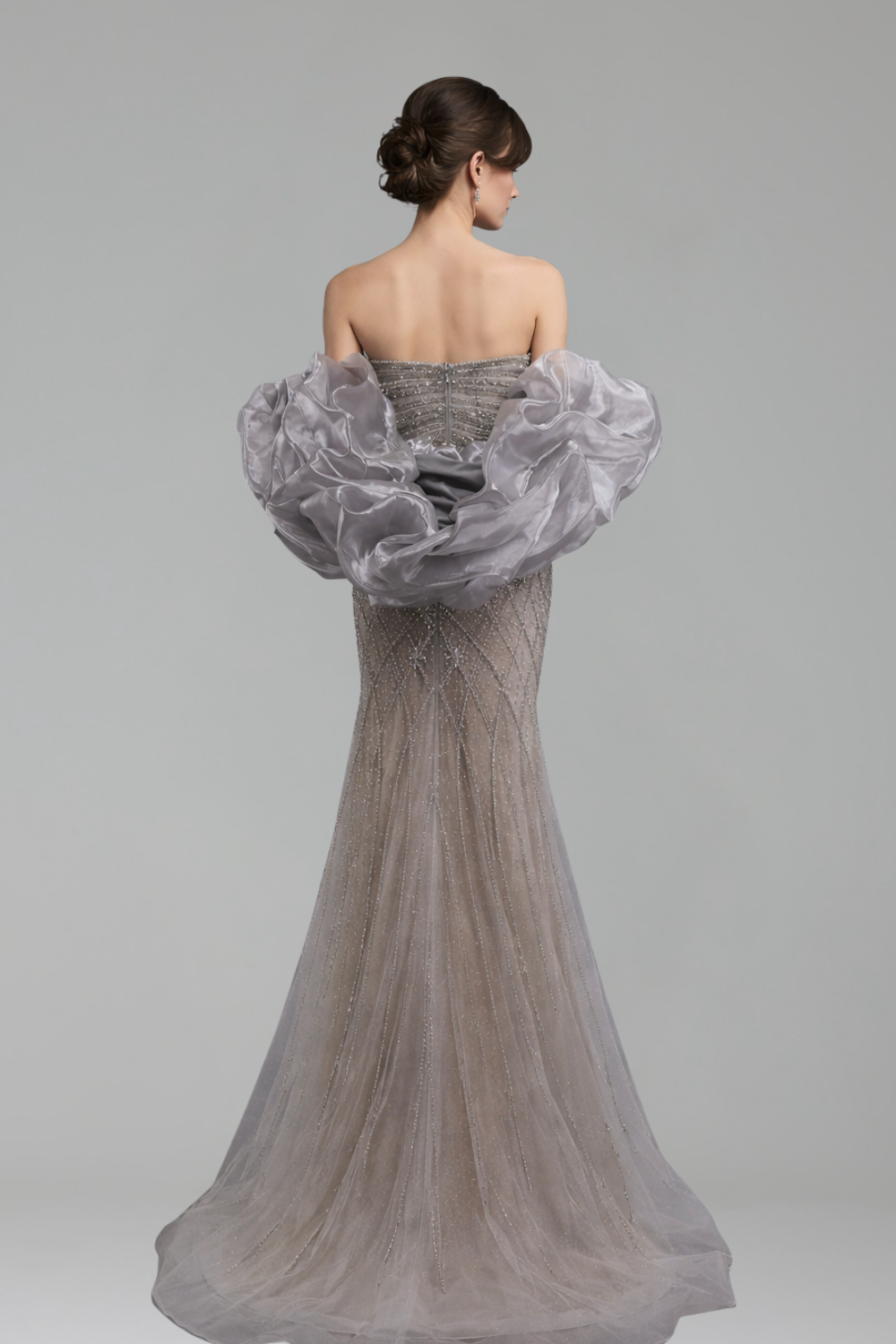 Gray Beaded Dress With Cape - LAROSABRIDE
