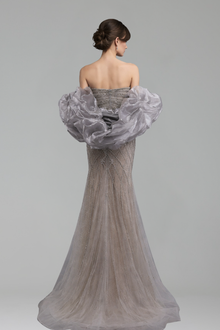 Gray Beaded Dress With Cape - LAROSABRIDE