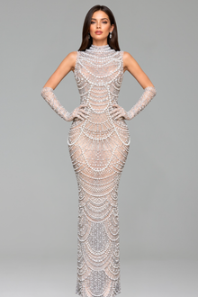 High-Neck Beaded Sheer Column Gown - LAROSABRIDE