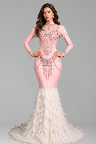 Crystal Embellished Feather Mermaid Gown
