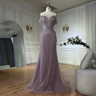 Ships in 2 to 5 Days -2025 Custom Saudi-Style Off-Shoulder Beaded Nude Tulle Mermaid Evening Dress – Formal Occasion Gown