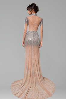 Crystal Embellished Sheer High Neck Gown - LAROSABRIDE