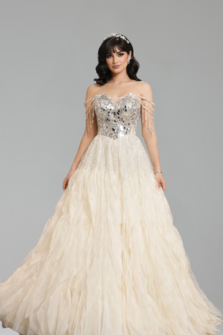 Beaded Off-Shoulder Ball Gown - LAROSABRIDE