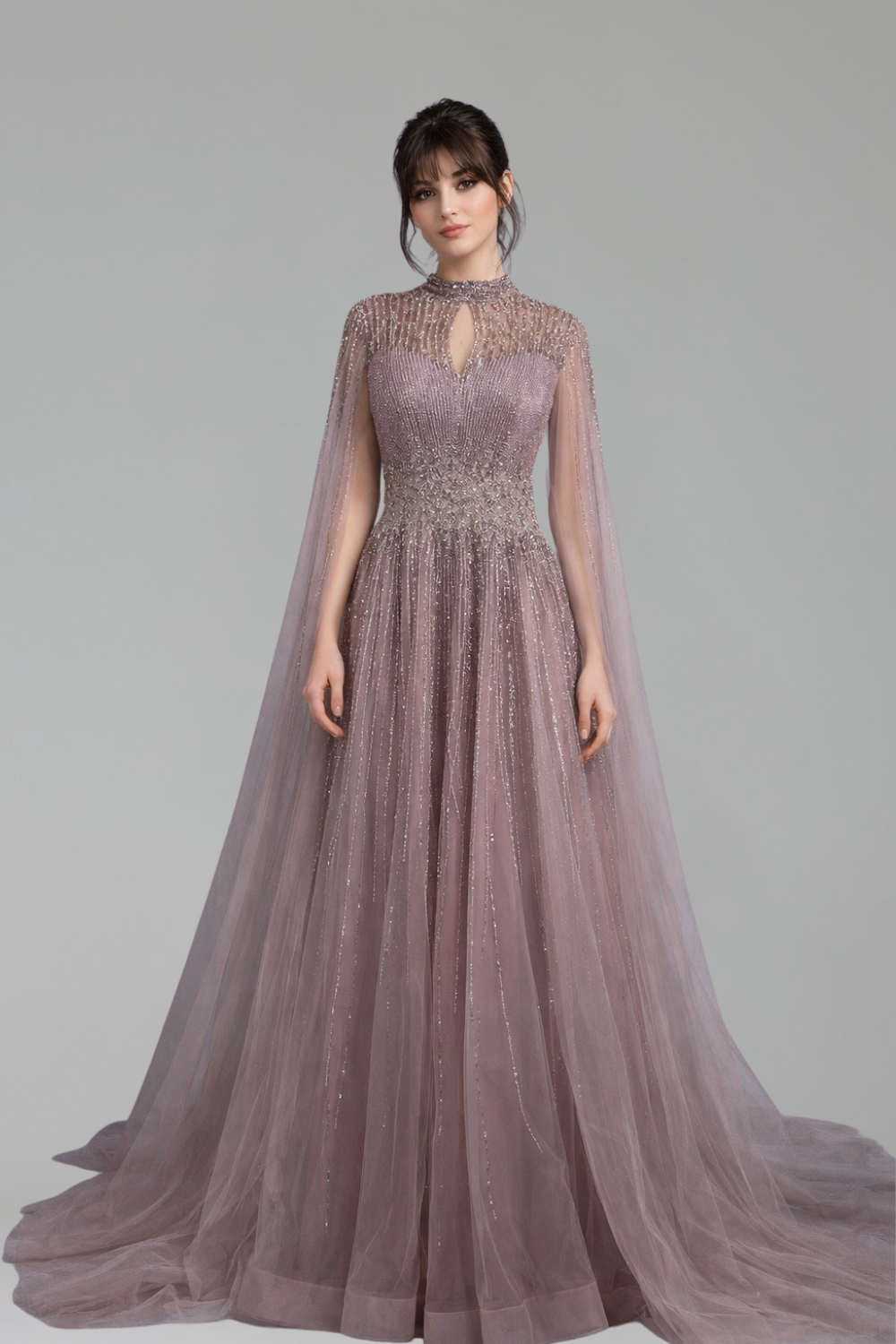 Modest Beaded Cape Dress - LAROSABRIDE