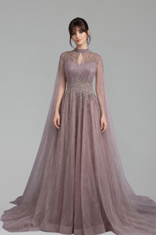Modest Beaded Cape Dress - LAROSABRIDE