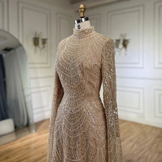 Ships in 2 to 5 Days - 2025 Muslim Nude Mermaid Cape Sleeves Luxury Dubai Evening Gown Pearls Beaded Dress for Women's Party
