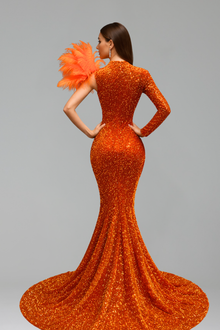 Feather Shoulder Cutout Mermaid Gown - LAROSABRIDE