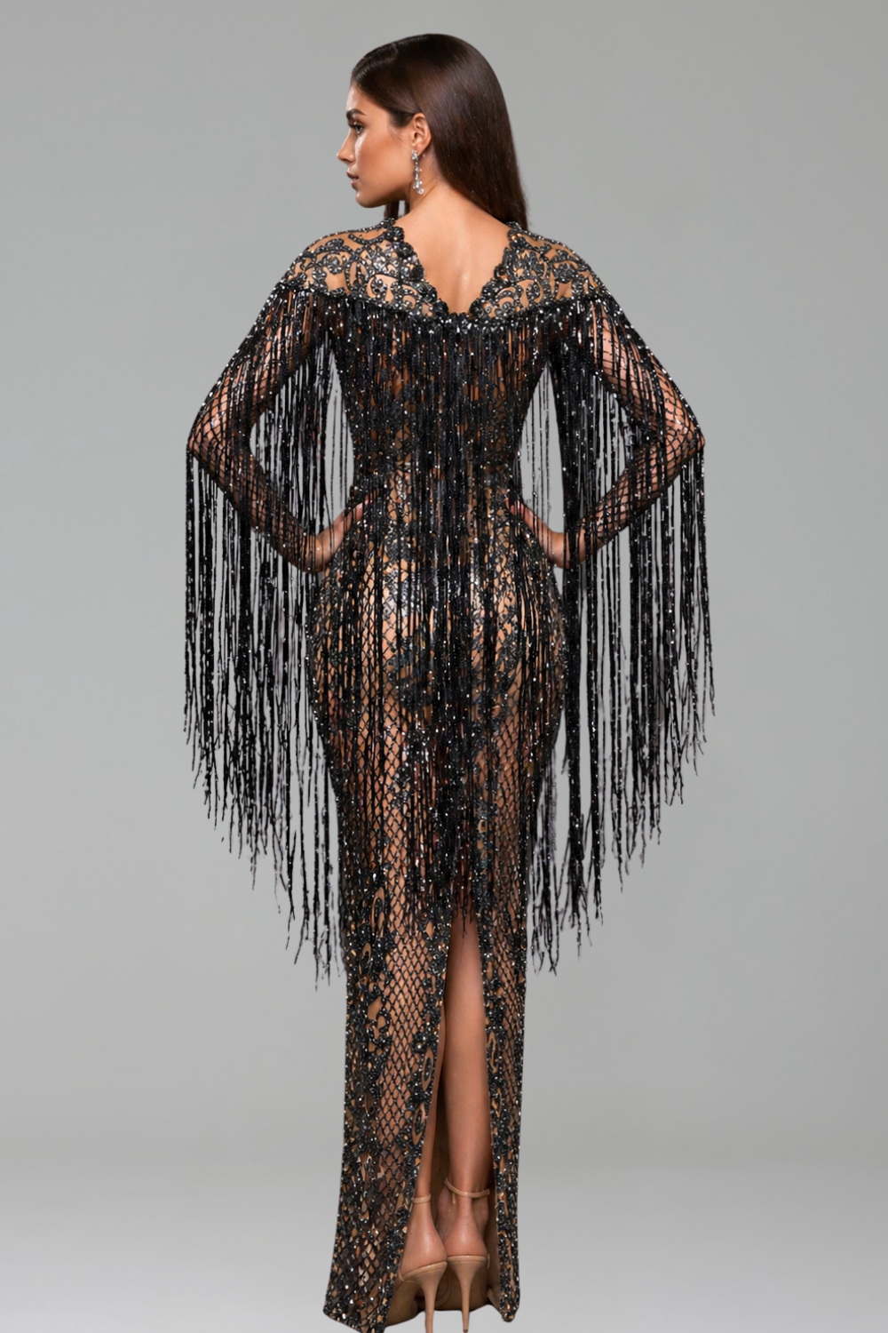 Long Sleeve Embellished Fringe Illusion Gown - LAROSABRIDE