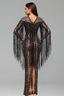 Long Sleeve Embellished Fringe Illusion Gown - LAROSABRIDE